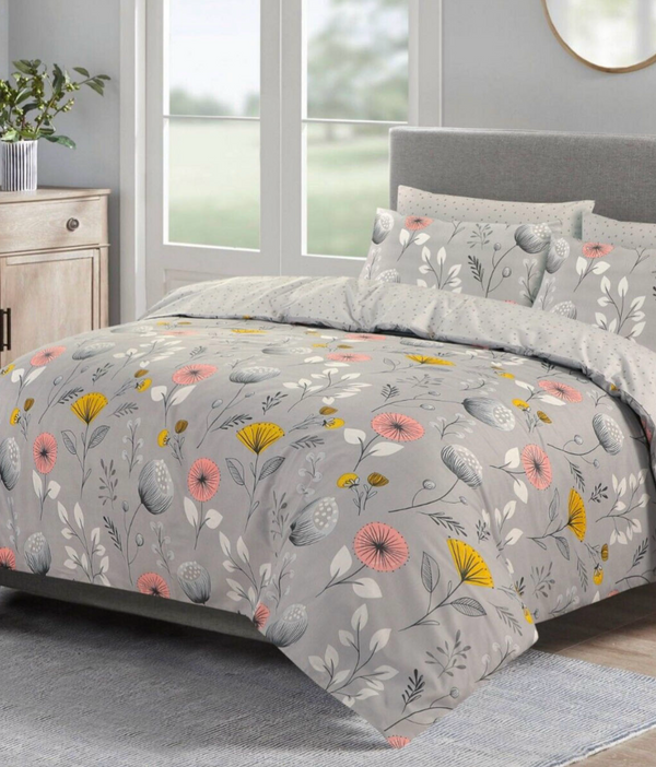 Luxor Cotton Grey Floral Design Quilt Doona Duvet Cover Set