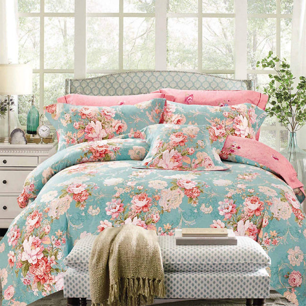 Luxor Cotton Flora Green Design Quilt Doona Duvet Cover Set